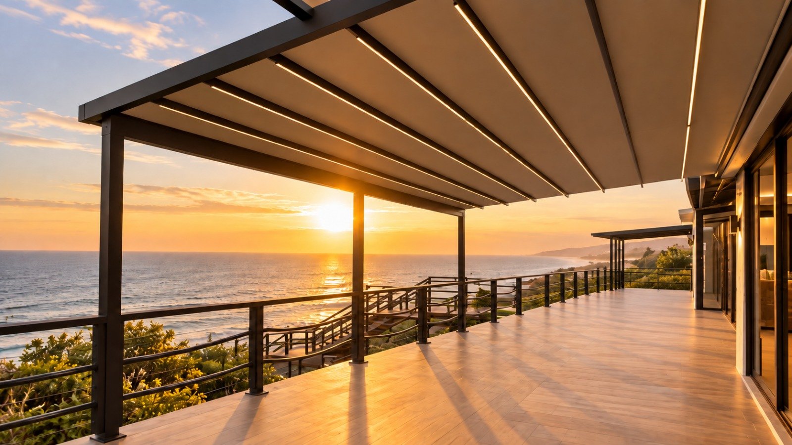 Pérgola retrátil instalada em deck com vista para o mar